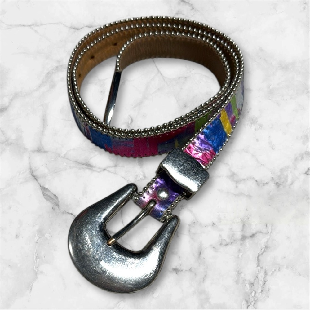 Vintage 1980’s Belt Abstract Retro Leather Buckle Colorful Silver Buckle 26”-35”